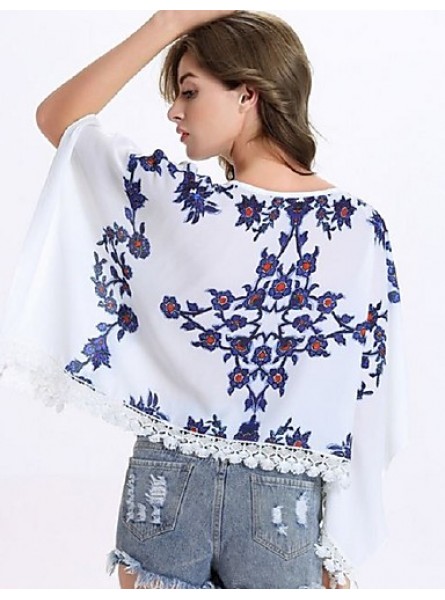 Women's Causal Loose Print Round Neck Lace Big Sleeve Blouse