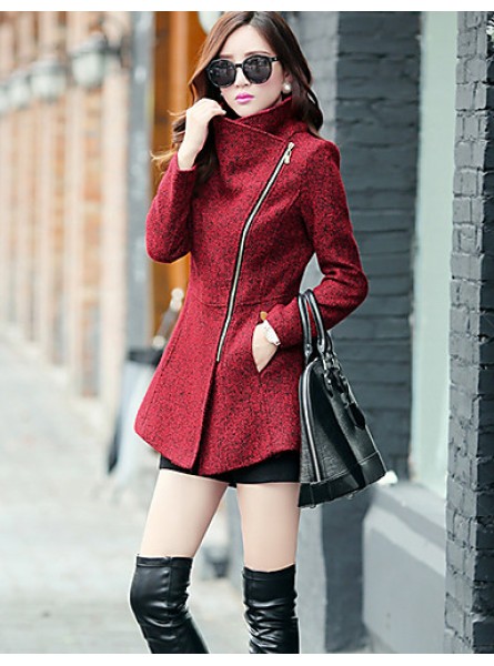 Women's Coat,Solid Long Sleeve Winter Red / Gray Wool / Others Thick