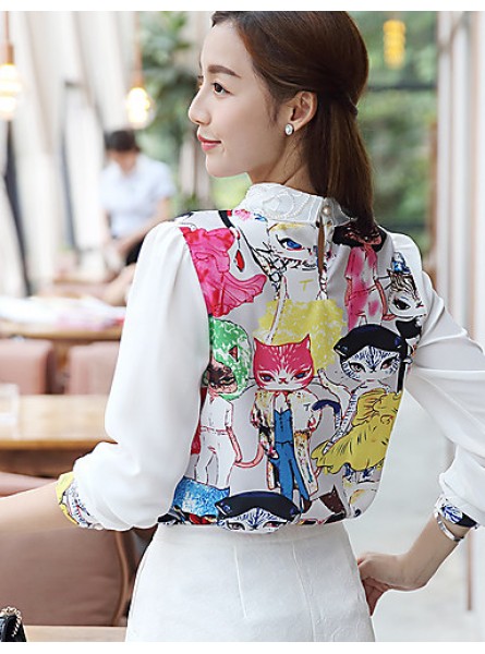 Women's Casual/Daily Simple Spring Blouse,Animal Print Shirt Collar Long Sleeve White Polyester Medium