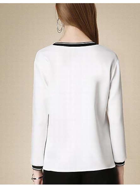 Women's Casual/Daily Cute Fall T-shirtPrint Round Neck Long Sleeve White Cotton Medium