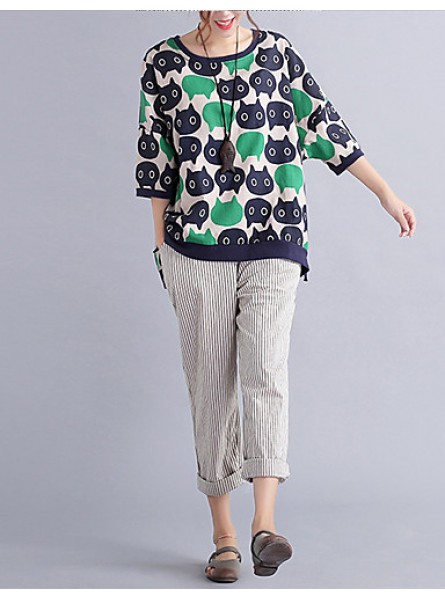 Women's Casual/Daily Cute / Street chic Spring / Fall T-shirt Print Round NeckSleeve Green Cotton / Linen Medium