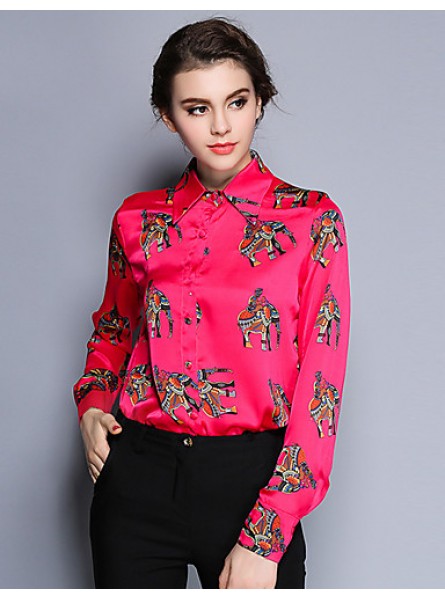 Women's Work Vintage Spring ShirtAnimal Print Shirt Collar Long Sleeve Red /