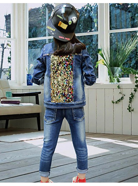 Girl's Cotton Spring/Autumn Casual Patchwork Paillette Cowboy Jacket Denim Coat And Jeans Pants Two-piece Set  