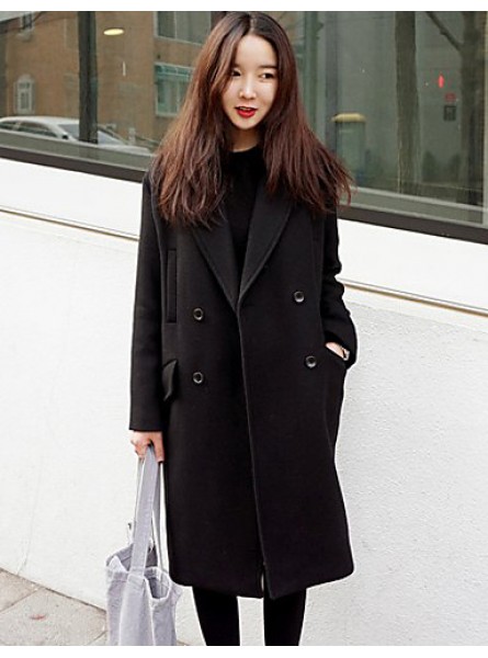 Women's Casual/Daily Simple Coat,Solid Notch Lapel Long Sleeve Winter Black Polyester Medium
