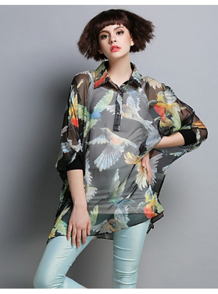Boutique S Women's Going out Street chicBlouse,Animal Print Shirt Collar ? Length Sleeve Black Polyester Translucent