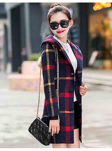 Women's Going out Cute Preppy Style Coat,Plaid Hooded Long Sleeve Winter Blue