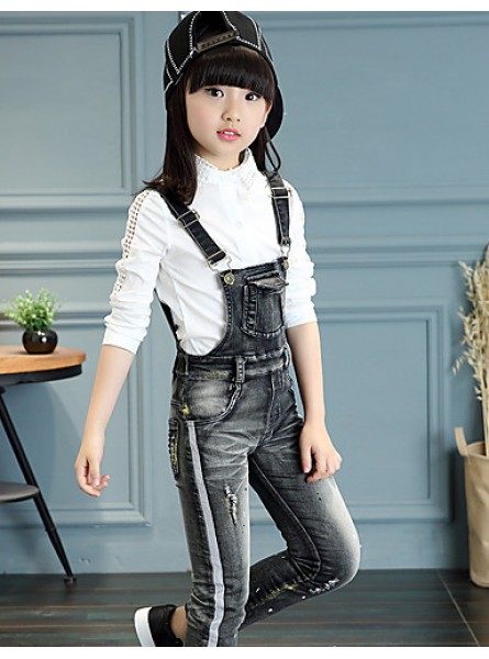 Girl's Cotton Spring/Autumn Fashion Print Jeans Pants Suspender Trousers Patchwork Solid Color Overalls  