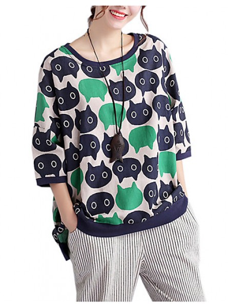 Women's Casual/Daily Cute / Street chic Spring / Fall T-shirt Print Round NeckSleeve Green Cotton / Linen Medium