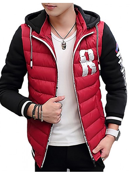 Men's Regular Padded CoatPlus Size / Sports Solid / Color Block / Letter-Cotton / Polyester Polypropylene Long Sleeve Slim Warm Thick