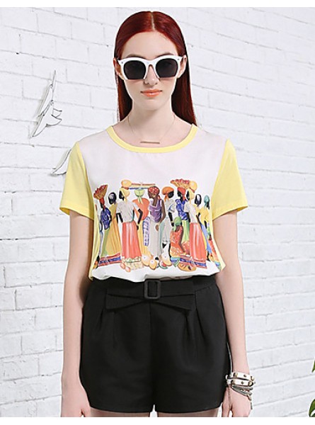 Women's Casual/Daily Vintage Summer T-shirtPrint / Color Block Round Neck Short Sleeve