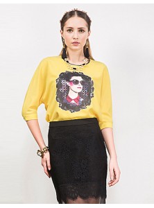Women's Going out Street chic Spring / Fall T-shirtPrint Round NeckSleeve Yellow Polyester / Spandex Medium