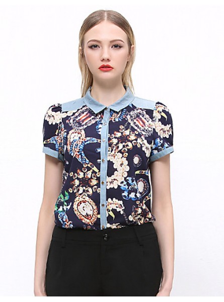 Women's Going out Vintage Summer ShirtPrint Shirt Collar Short Sleeve Blue / Green Cotton / Polyester Opaque