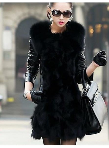 Women's Winter Fox Fur Leather Coat