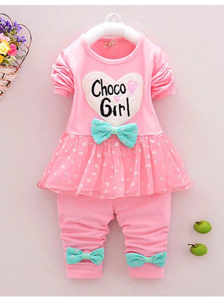 Girl's Cotton Spring/Autumn Casual Bowknot Cartoon Patchwork Long Sleeve T Shirt And Pants Two-piece Set  