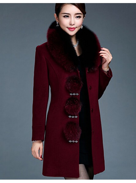 Women's Plus Size / Casual/Daily Simple Coat,Solid Round Neck Long Sleeve Winter Red / Black Wool / Faux Fur Thick