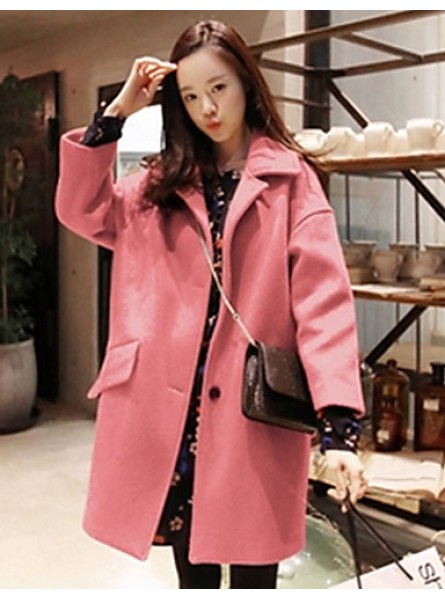 Women's Casual/Daily Simple Coat,Solid Shirt Collar Long Sleeve Winter Blue / Pink / Yellow Wool Thick