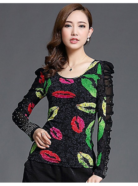 Spring/Fall Casual/Daily/Plus Size Women's Tops Round Neck Long Sleeve Fashion Printing Rhinestone Slim Blouse Shirt