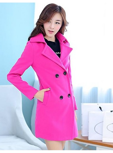 Women's Coat,Solid Long Sleeve Winter Pink / Red / Green Wool Medium