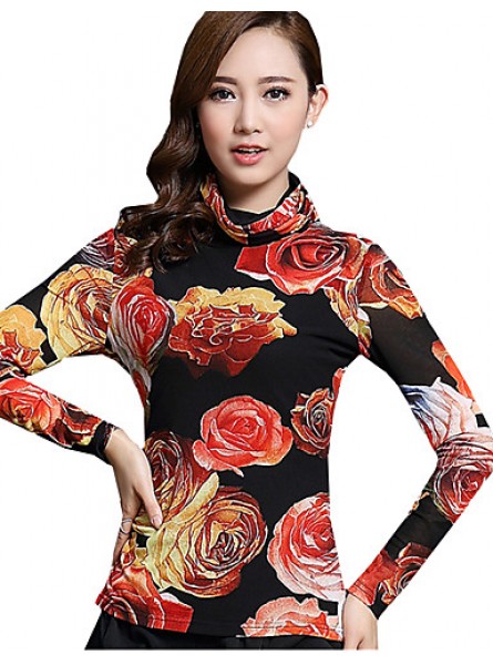 Spring/Fall Women's Casual/Daily Tops Turtleneck Long Sleeve Fashion Floral Printing Gauze Blouse Shirt