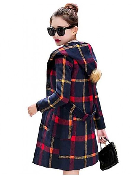 Women's Going out Cute Preppy Style Coat,Plaid Hooded Long Sleeve Winter Blue