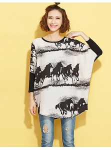 Women's Going out Street chic Fall T-shirt,Print Round Neck Long Sleeve Beige Polyester Medium