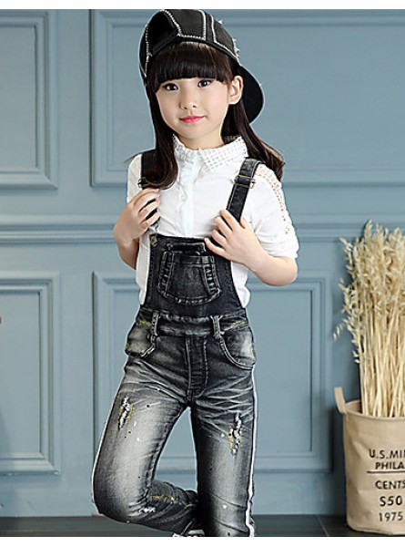 Girl's Cotton Spring/Autumn Fashion Print Jeans Pants Suspender Trousers Patchwork Solid Color Overalls  