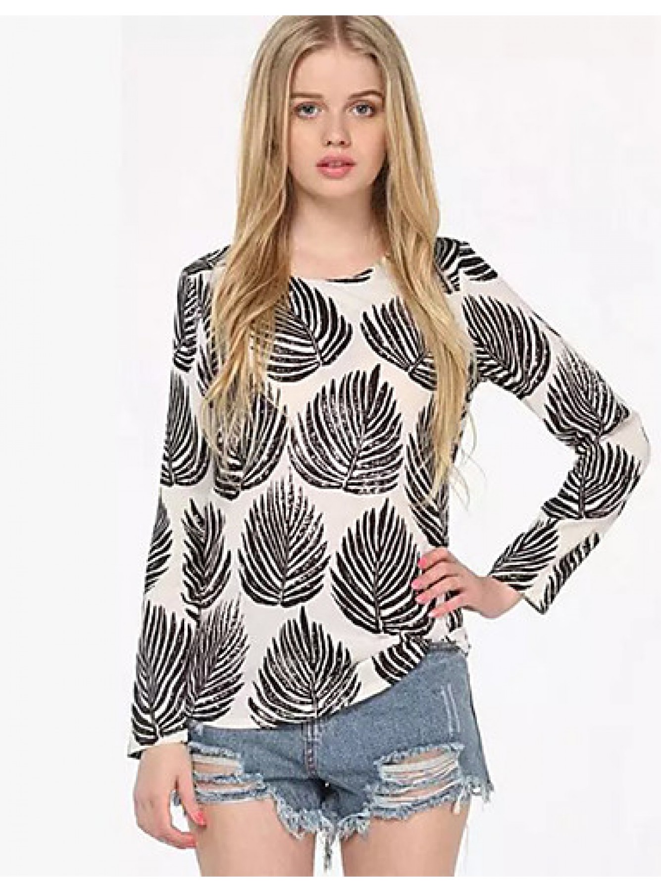Women's Going out Street chic Fall Shirt,Print Round Neck Long Sleeve White Polyester Medium