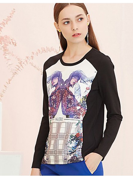Women's Going out Street chic Spring / Fall T-shirtPrint Round Neck Long Sleeve Black