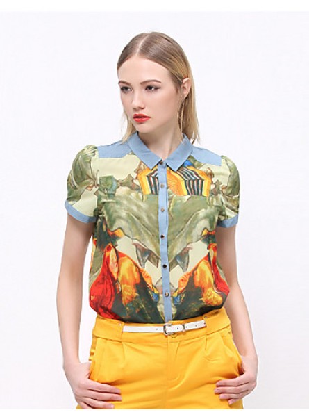 Women's Going out Vintage Summer ShirtPrint Shirt Collar Short Sleeve Blue / Green Cotton / Polyester Opaque