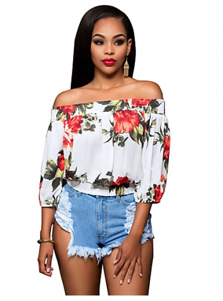 Women's Sexy Simple Boat Neck Off Shoulder Floral Print Summer Blouse