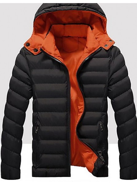 Men's Regular Padded Coat,Simple Casual/Daily Solid-Cotton / Polyester Polypropylene Long Sleeve Hooded Blue / Red / Black / Green