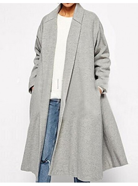 Women's Coat,Solid Shirt Collar Long Sleeve Winter Gray Wool Opaque