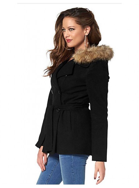 Women's Casual/Daily Vintage Coat,Solid Hooded Long Sleeve Winter Black Rayon Opaque