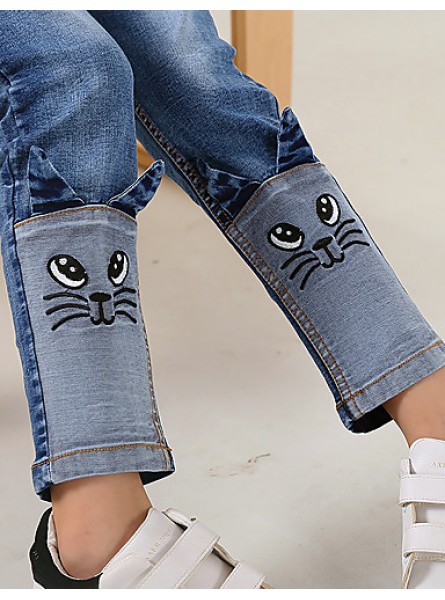 Girl's Cotton Spring/Autumn Fashion Patchwork Cat Pattern Children Skinny Jeans  