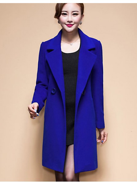 Women's Coat,Solid / Patchwork Peaked Lapel Long Sleeve Winter Blue / Black / Yellow Wool / Others Thick