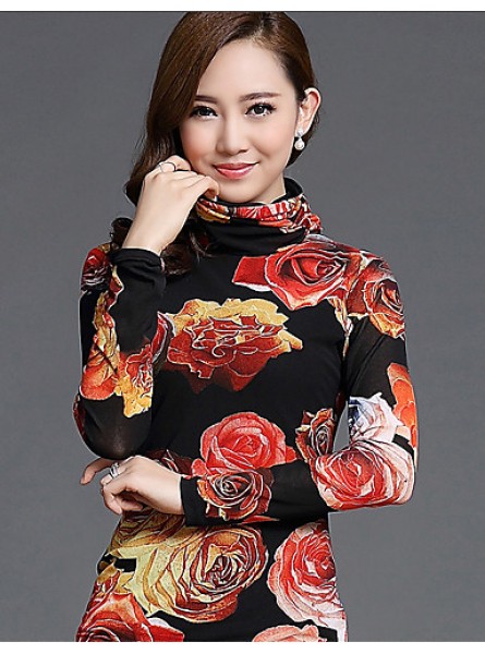 Spring/Fall Women's Casual/Daily Tops Turtleneck Long Sleeve Fashion Floral Printing Gauze Blouse Shirt