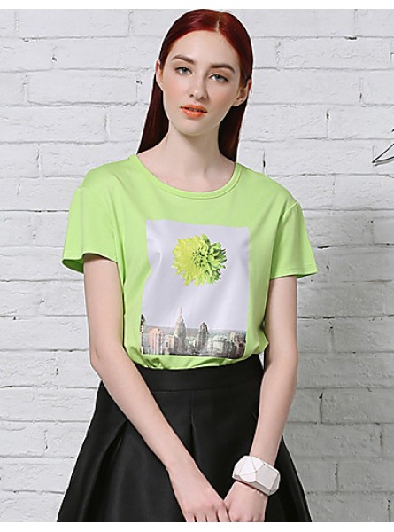 Women's Casual/Daily Simple Summer T-shirtPrint Round Neck Short Sleeve White / Green