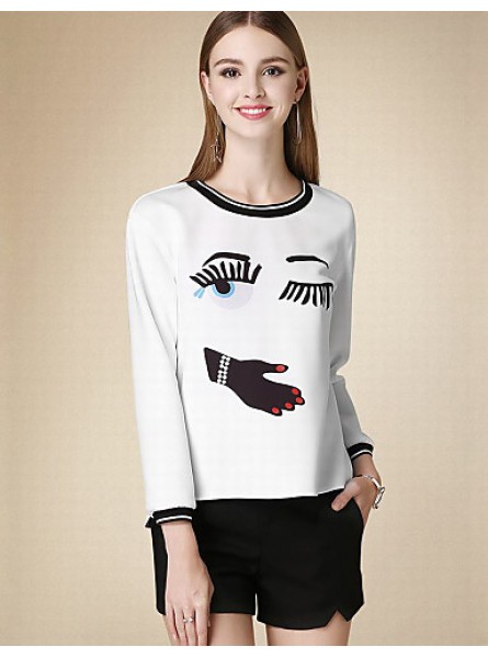 Women's Casual/Daily Cute Fall T-shirtPrint Round Neck Long Sleeve White Cotton Medium