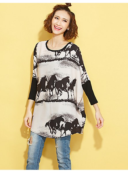 Women's Going out Street chic Fall T-shirt,Print Round Neck Long Sleeve Beige Polyester Medium