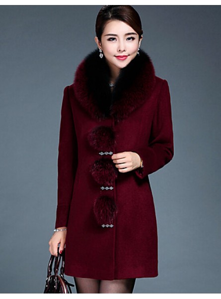 Women's Plus Size / Casual/Daily Simple Coat,Solid Round Neck Long Sleeve Winter Red / Black Wool / Faux Fur Thick