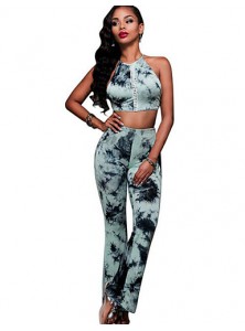 Women's Casual/Daily Sexy Criss-Cross Bandage Backless Summer Set,Print Halter Sleeveless Blue / Pink