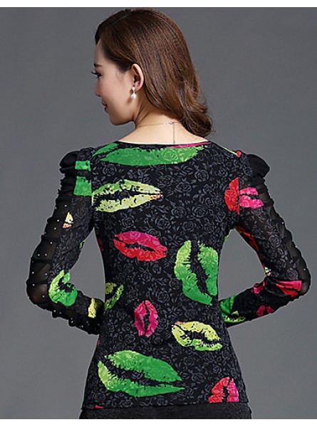 Spring/Fall Casual/Daily/Plus Size Women's Tops Round Neck Long Sleeve Fashion Printing Rhinestone Slim Blouse Shirt