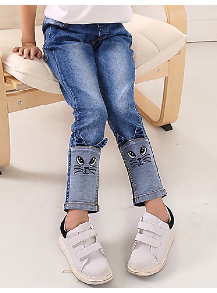 Girl's Cotton Spring/Autumn Fashion Patchwork Cat Pattern Children Skinny Jeans  