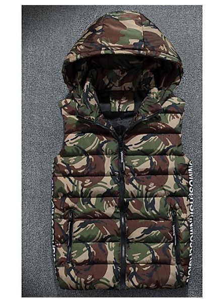 Men's Regular Padded Coat,Simple Casual/Daily Camouflage-Polyester Cotton Sleeveless Hooded Red / Gray / Green
