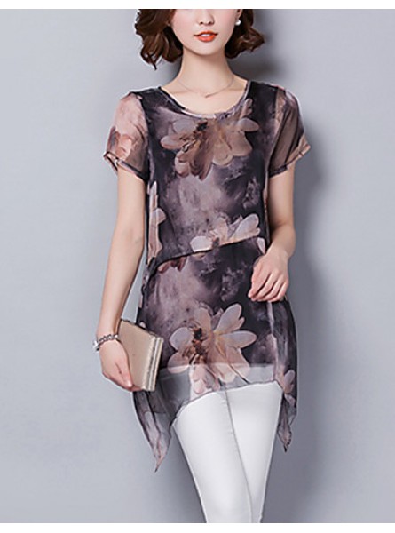 Women's Going out / Casual/Daily Street chic ,Print Round Neck Short Sleeve Brown Polyester Thin
