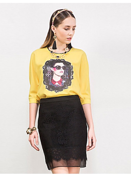 Women's Going out Street chic Spring / Fall T-shirtPrint Round NeckSleeve Yellow Polyester / Spandex Medium