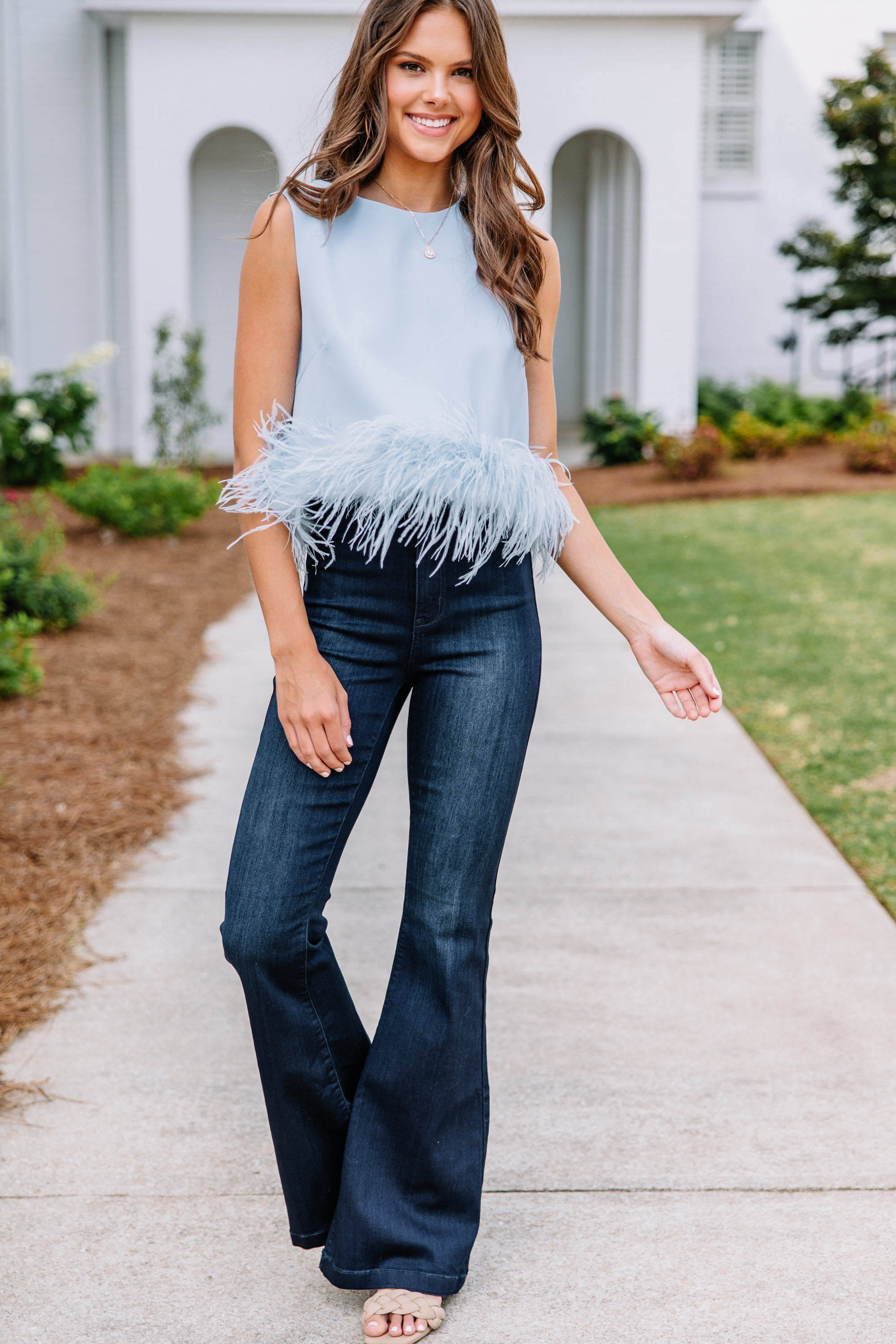 Be The Drama Light Blue Feather Trim Blouse