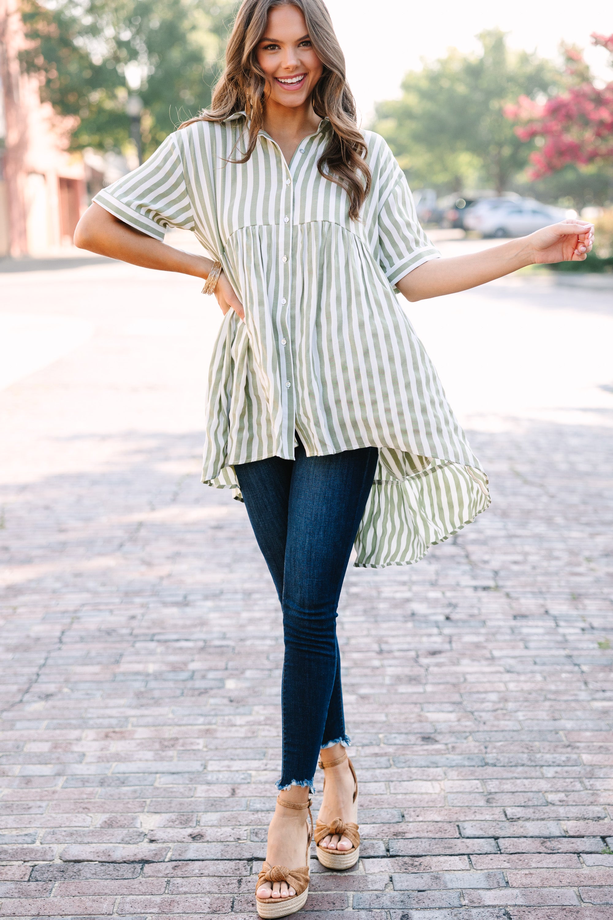 Behind Olive Green Striped Tunic